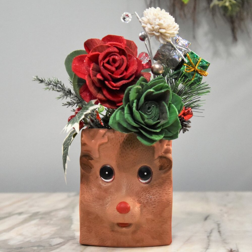 Vintage Rudolph shaped painted pottery with Sola Woods Flower Christmas Holiday
